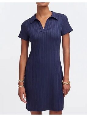 Madewell Navy Ribbed Midi Dress with V-Neck Collar